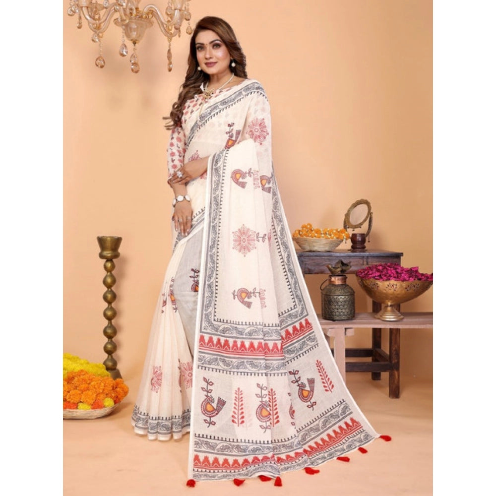 Women's Linen Cotton Printed Saree With Unstitched Blouse 5.5Mtr (Off White)