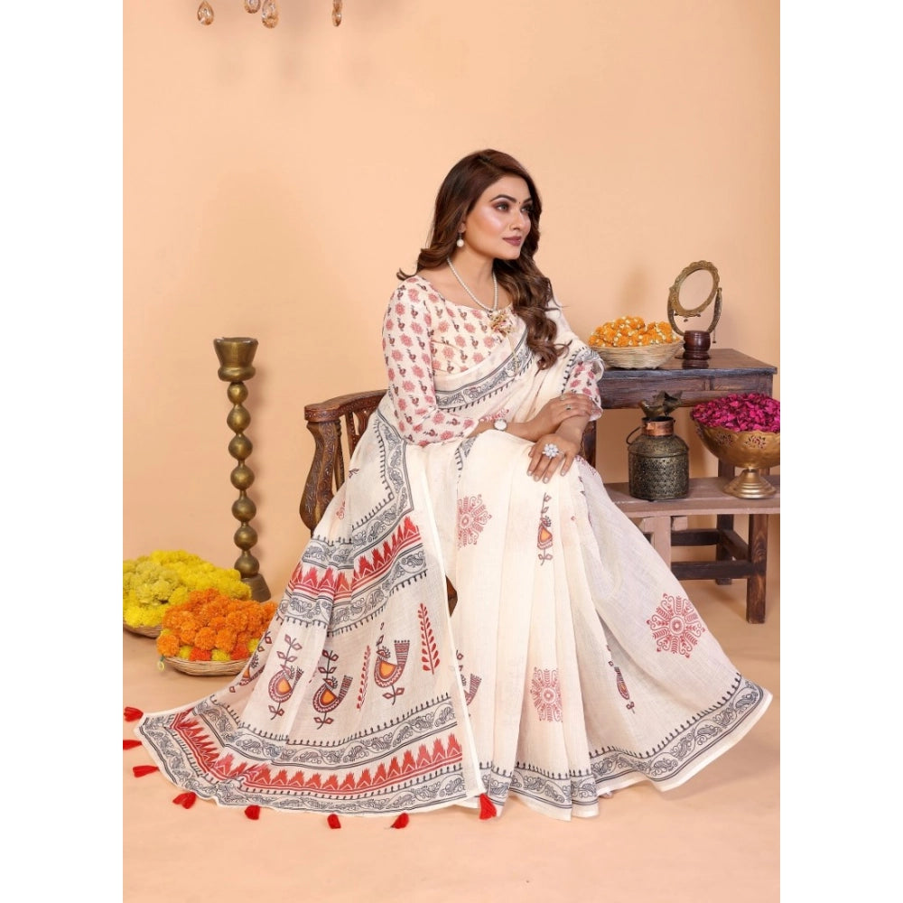 Women's Linen Cotton Printed Saree With Unstitched Blouse 5.5Mtr (Off White)