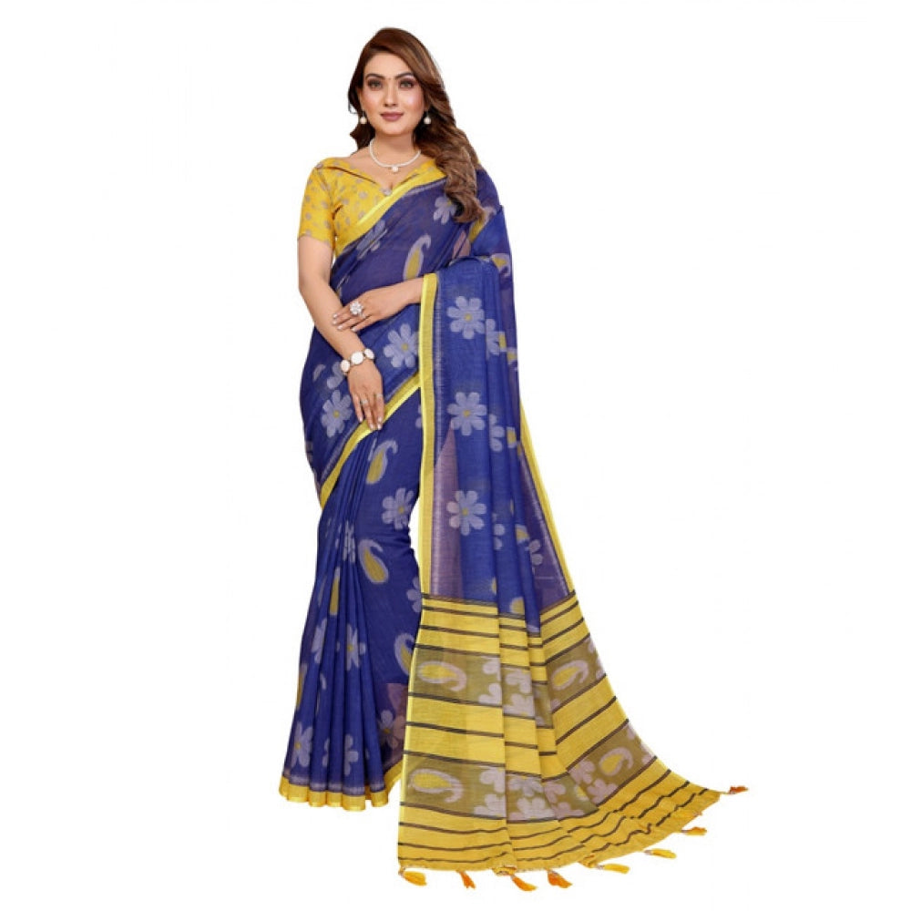 Women's Linen Cotton Printed Saree With Unstitched Blouse 5.5Mtr (Blue)