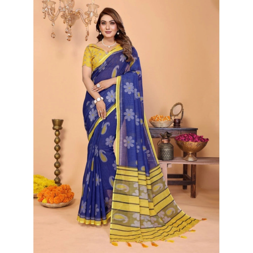 Women's Linen Cotton Printed Saree With Unstitched Blouse 5.5Mtr (Blue)