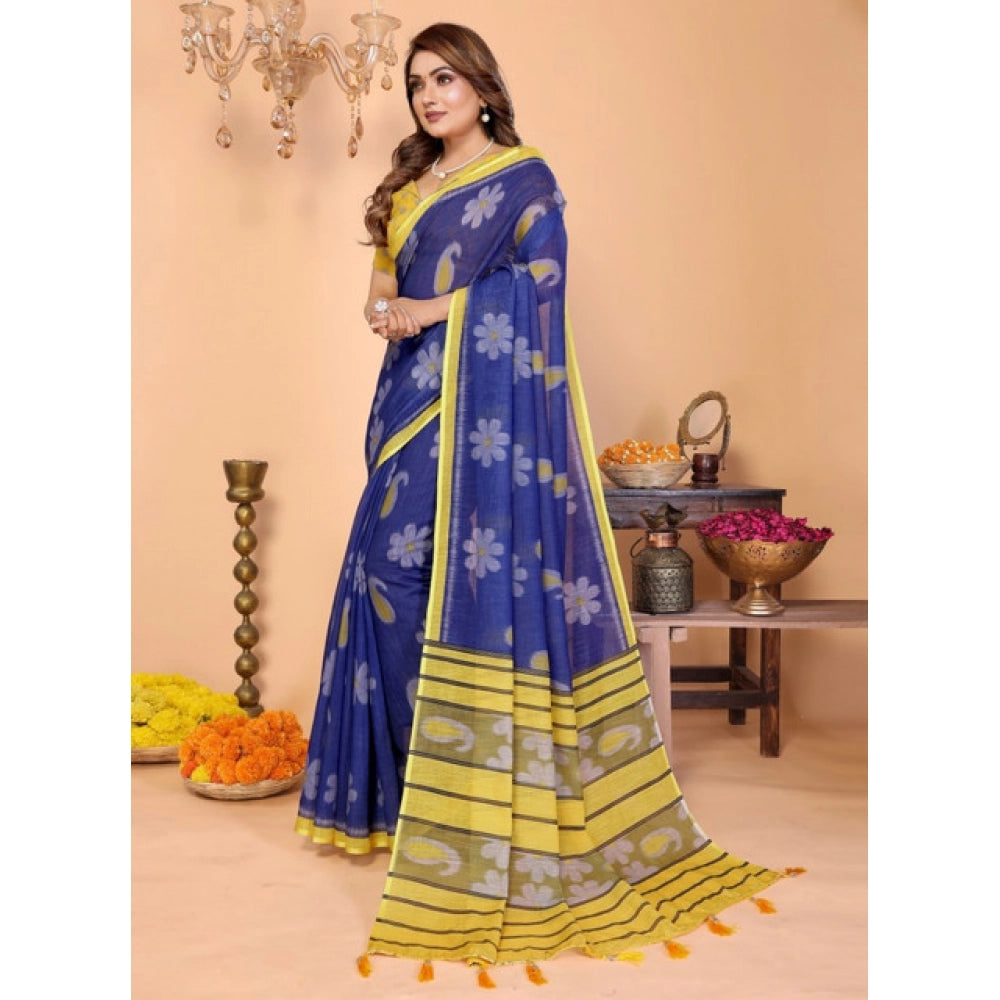Women's Linen Cotton Printed Saree With Unstitched Blouse 5.5Mtr (Blue)