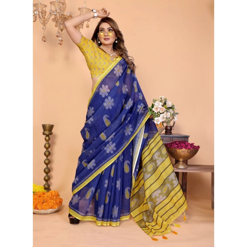 Women's Linen Cotton Printed Saree With Unstitched Blouse 5.5Mtr (Blue)