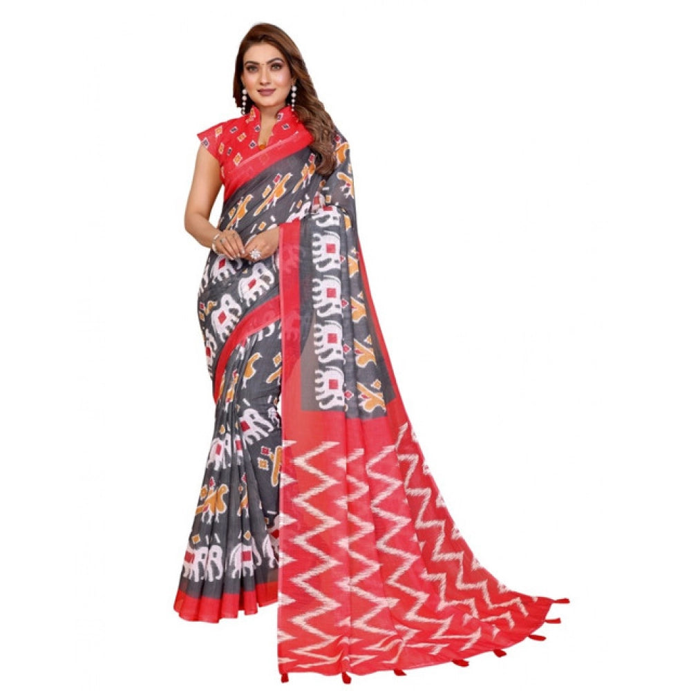 Women's Linen Cotton Printed Saree With Unstitched Blouse 5.5Mtr (Grey)