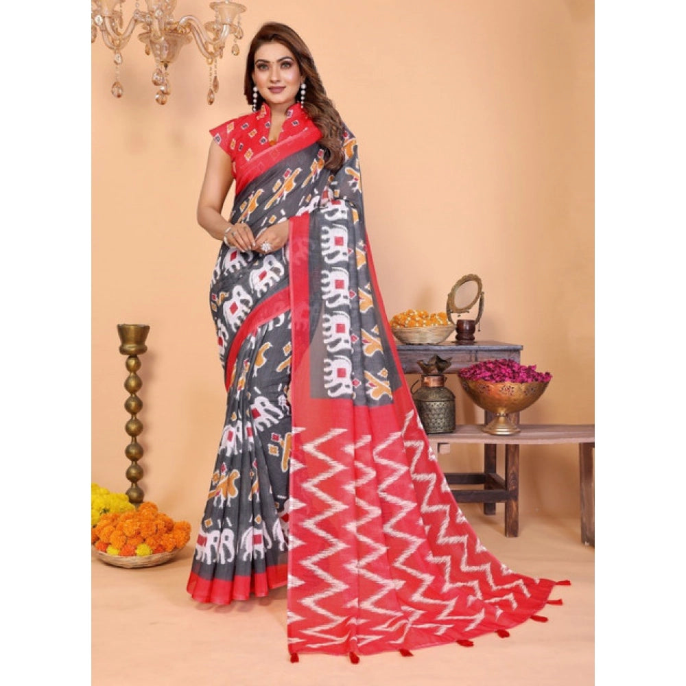 Women's Linen Cotton Printed Saree With Unstitched Blouse 5.5Mtr (Grey)