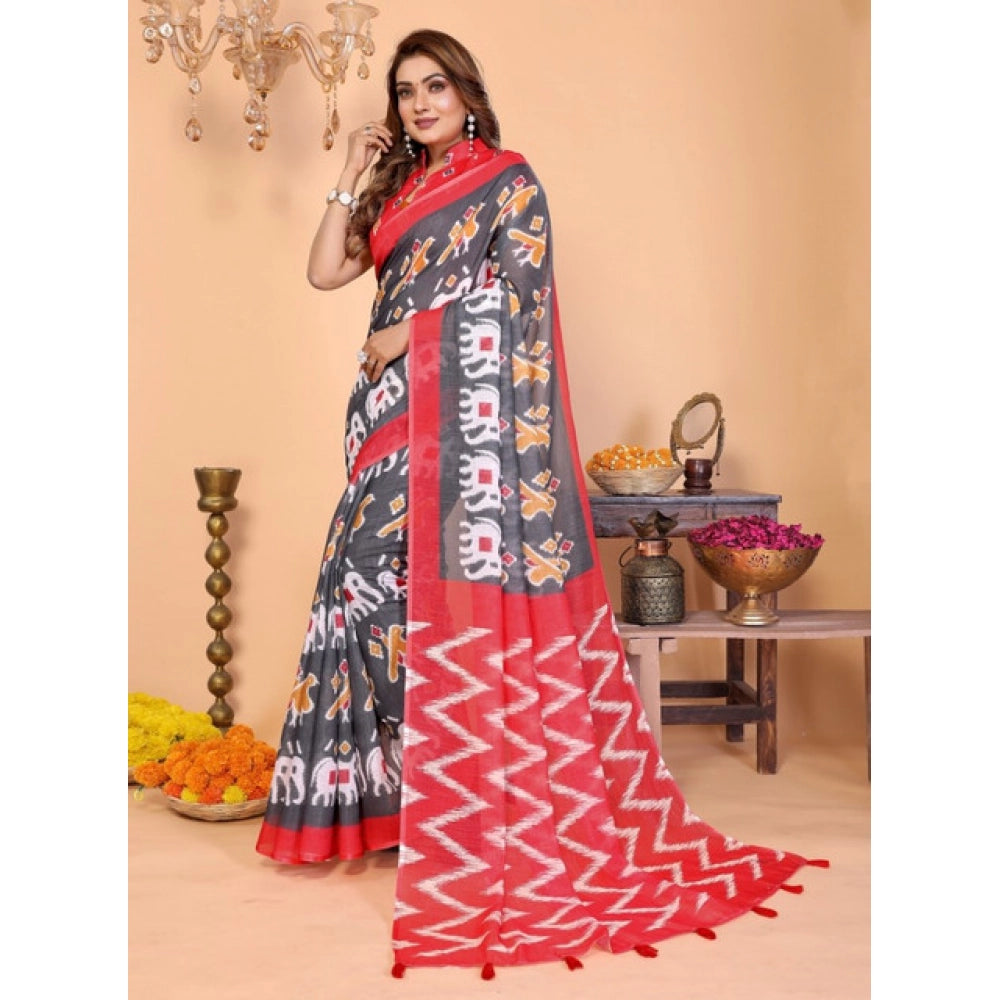 Women's Linen Cotton Printed Saree With Unstitched Blouse 5.5Mtr (Grey)