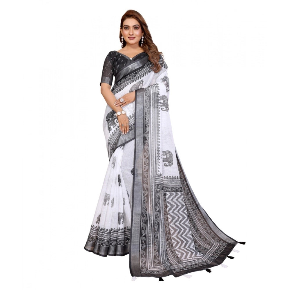 Women's Linen Cotton Printed Saree With Unstitched Blouse 5.5Mtr (White-Black)