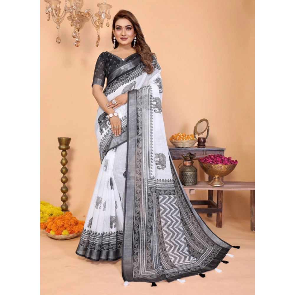 Women's Linen Cotton Printed Saree With Unstitched Blouse 5.5Mtr (White-Black)