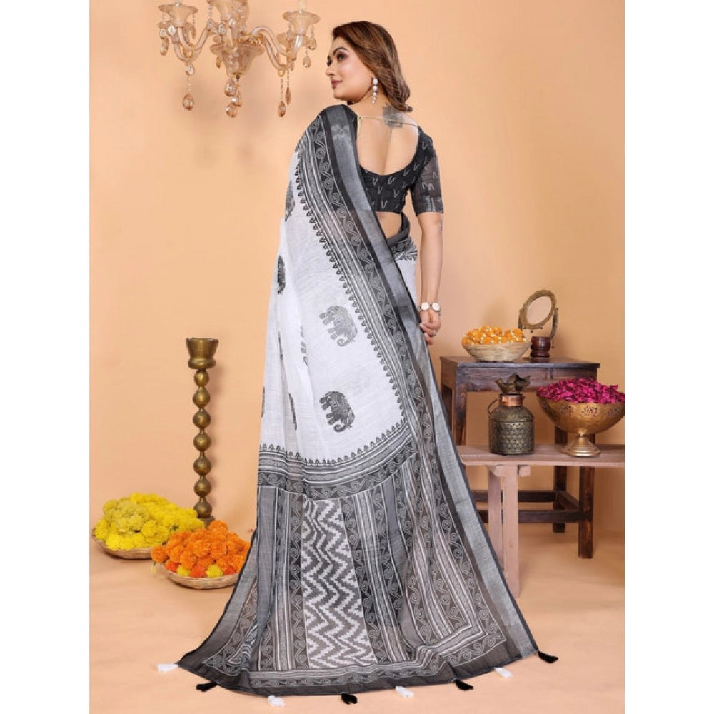 Women's Linen Cotton Printed Saree With Unstitched Blouse 5.5Mtr (White-Black)