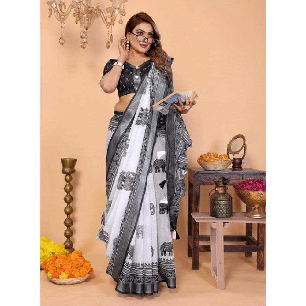 Women's Linen Cotton Printed Saree With Unstitched Blouse 5.5Mtr (White-Black)