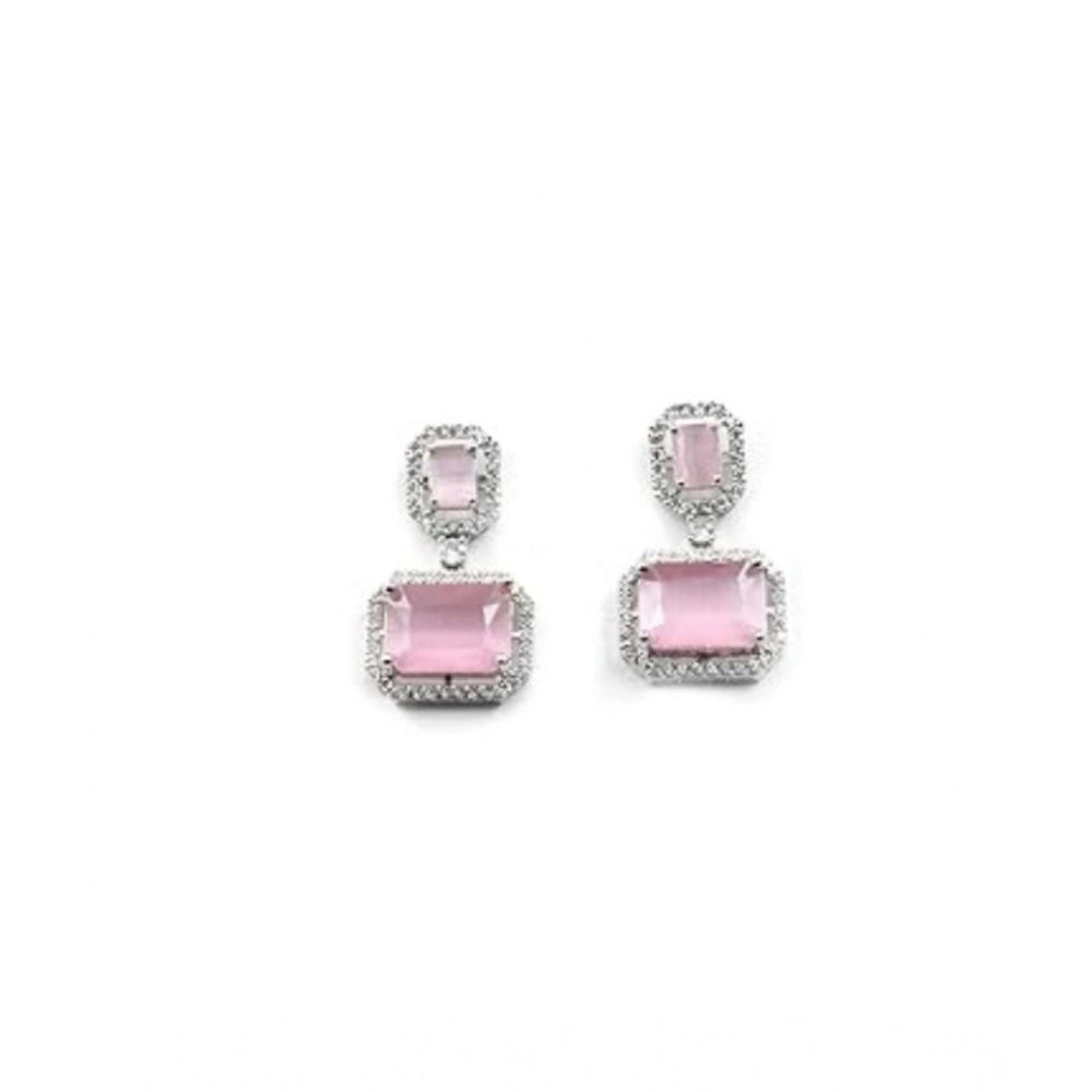 Women's Brass Silver Plated Drop Earrings (Pink)