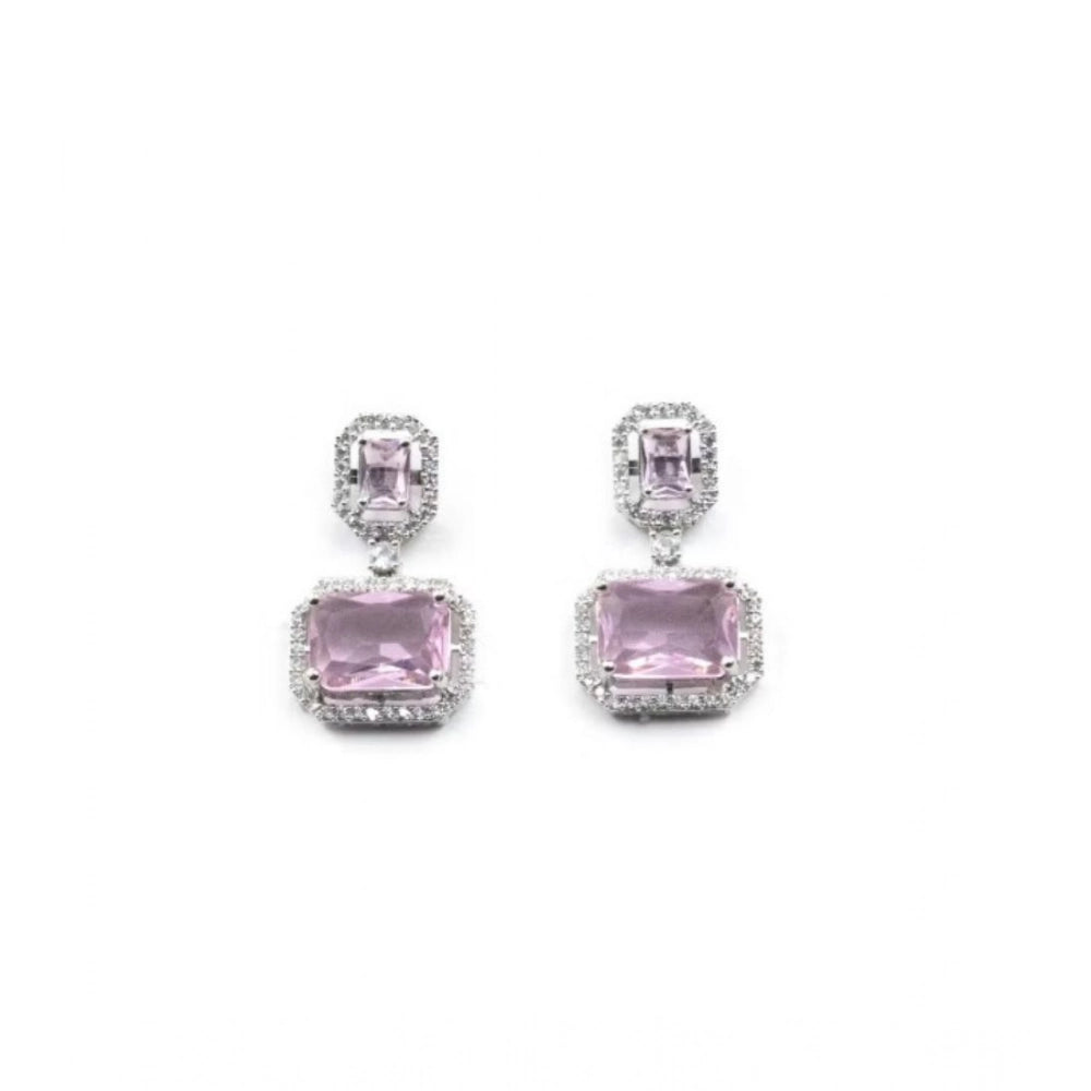 Women's Brass Silver Plated Drop Earrings (Pink)