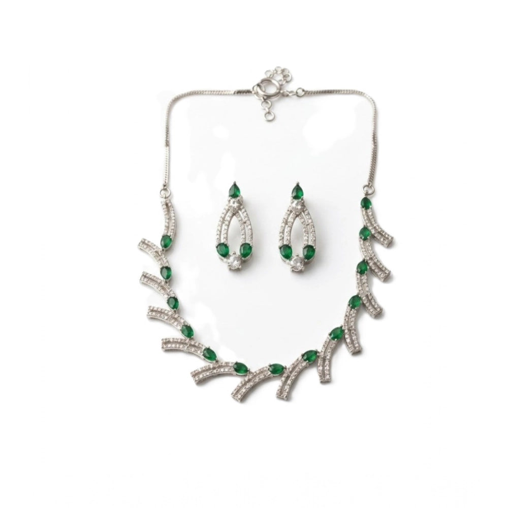 Women's Brass Silver Plated Necklace set (Green)