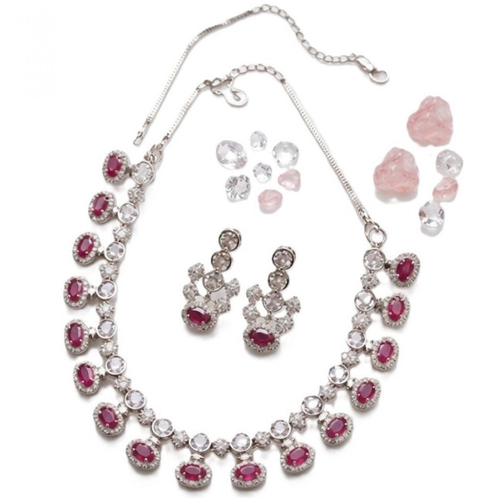 Women's Brass Silver Plated Necklace set (Pink)