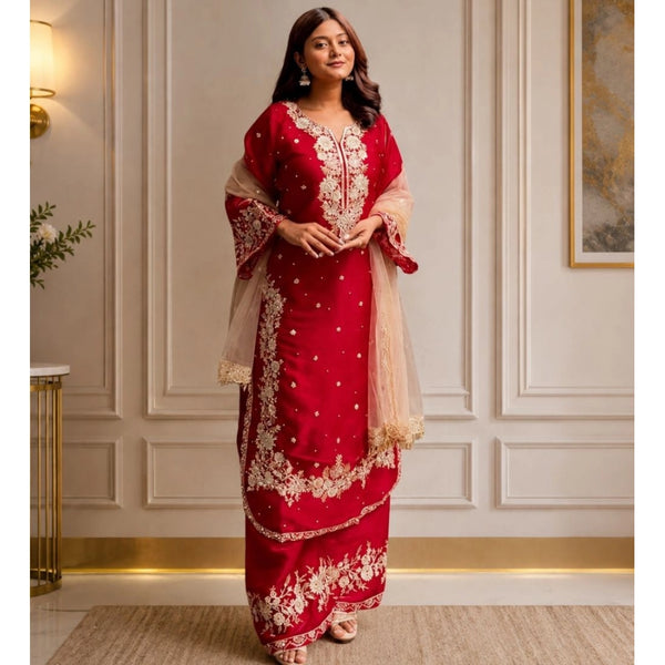 Women's Silk Embroidered 3/4th Sleeve Round Readymade Kurti With Palazzo Pant and Dupatta Set (Red)