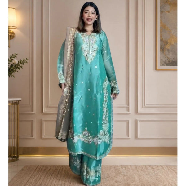 Women's Silk Embroidered 3/4th Sleeve Round Readymade Kurti With Palazzo Pant and Dupatta Set (Sea Green)