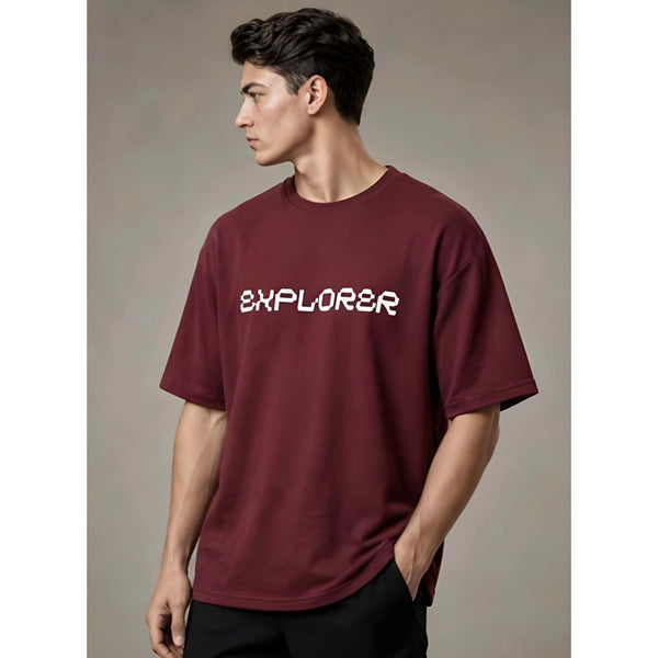 Men's Cotton Blend Printed Oversized Round Neck Half Sleeve T-Shirt (Maroon)