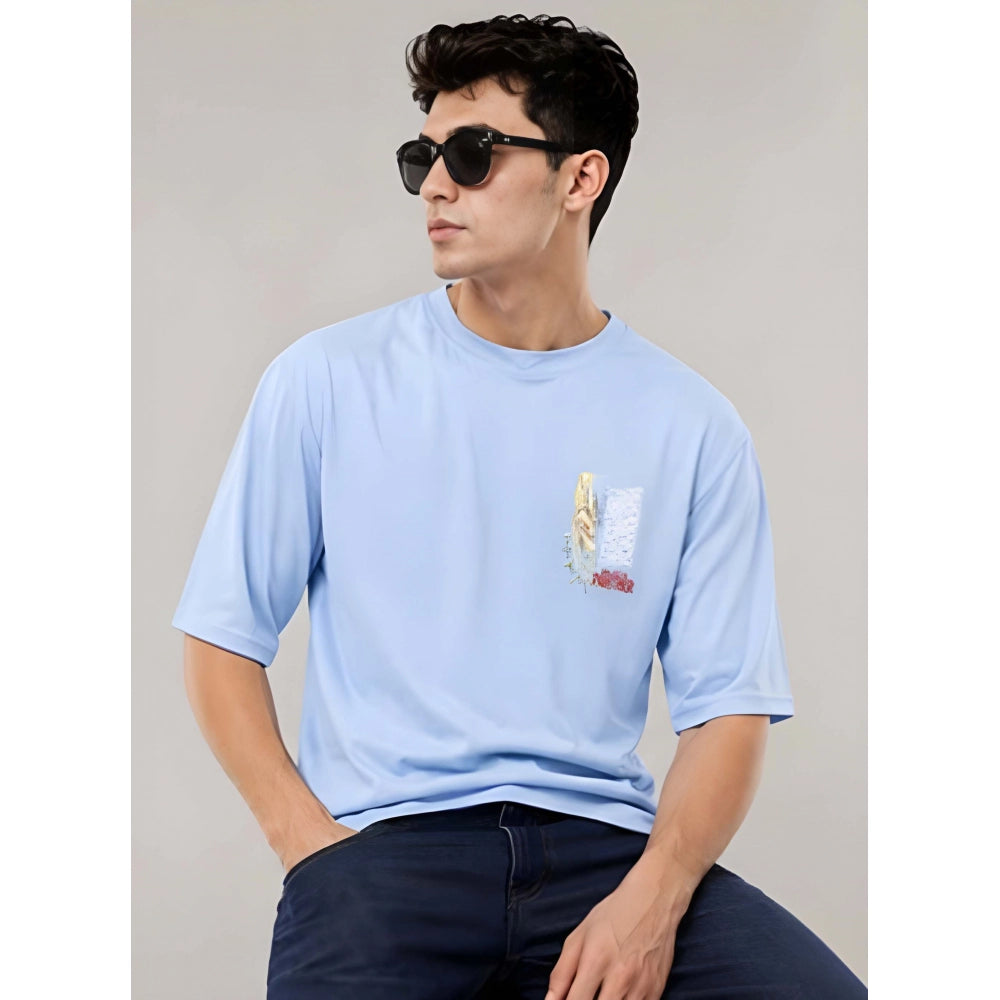Men's Cotton Blend Printed Oversized Round Neck Half Sleeve T-Shirt (Lavender)
