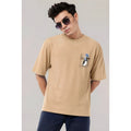 Men's Cotton Blend Printed Oversized Round Neck Half Sleeve T-Shirt (Beige)