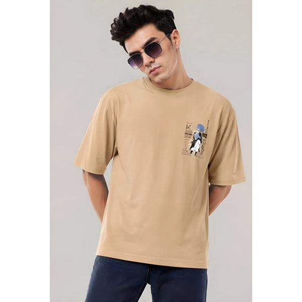 Men's Cotton Blend Printed Oversized Round Neck Half Sleeve T-Shirt (Beige)