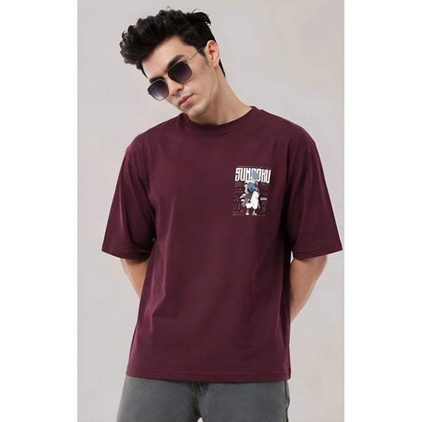 Men's Cotton Blend Printed Oversized Round Neck Half Sleeve T-Shirt (Wine)