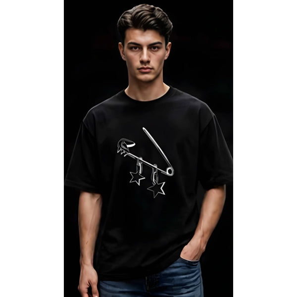 Men's Cotton Blend Printed Oversized Round Neck Half Sleeve T-Shirt (Black)