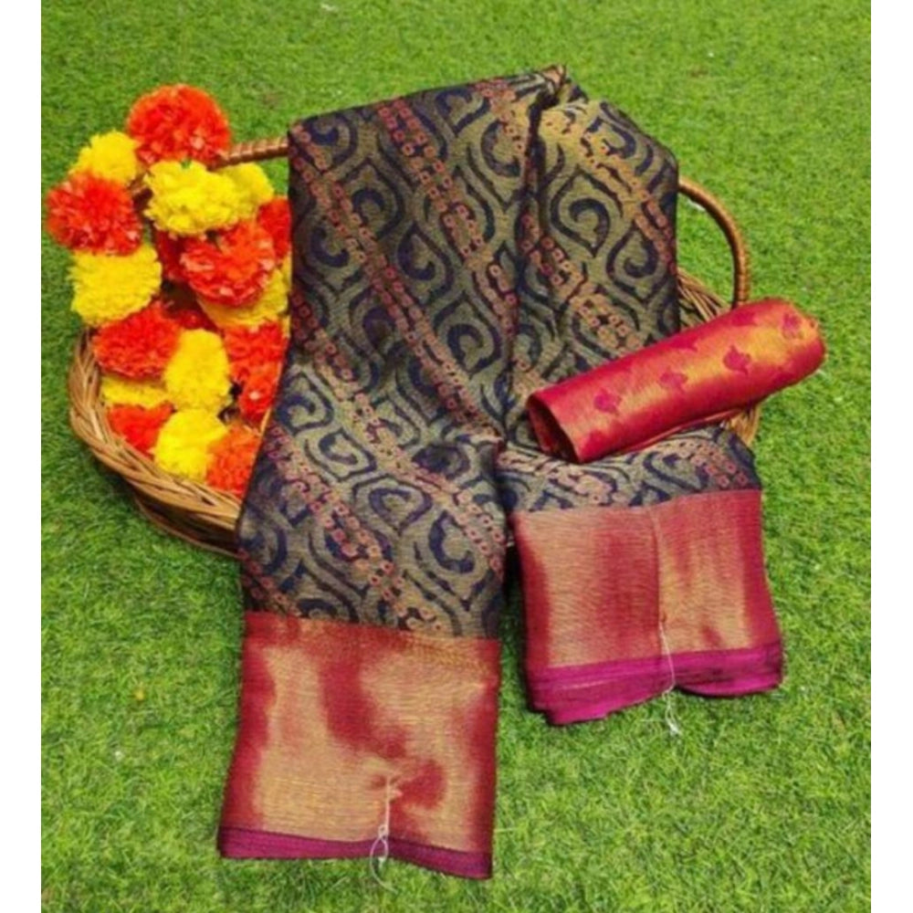 Women's Brasso Printed Saree With Unstitched Blouse 5.5Mtr (Navy blue)