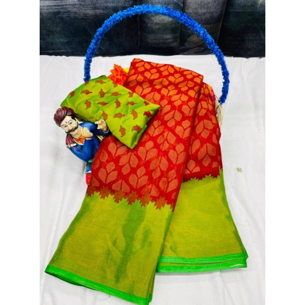 Women's Brasso Printed Saree With Unstitched Blouse 5.5Mtr (Red)
