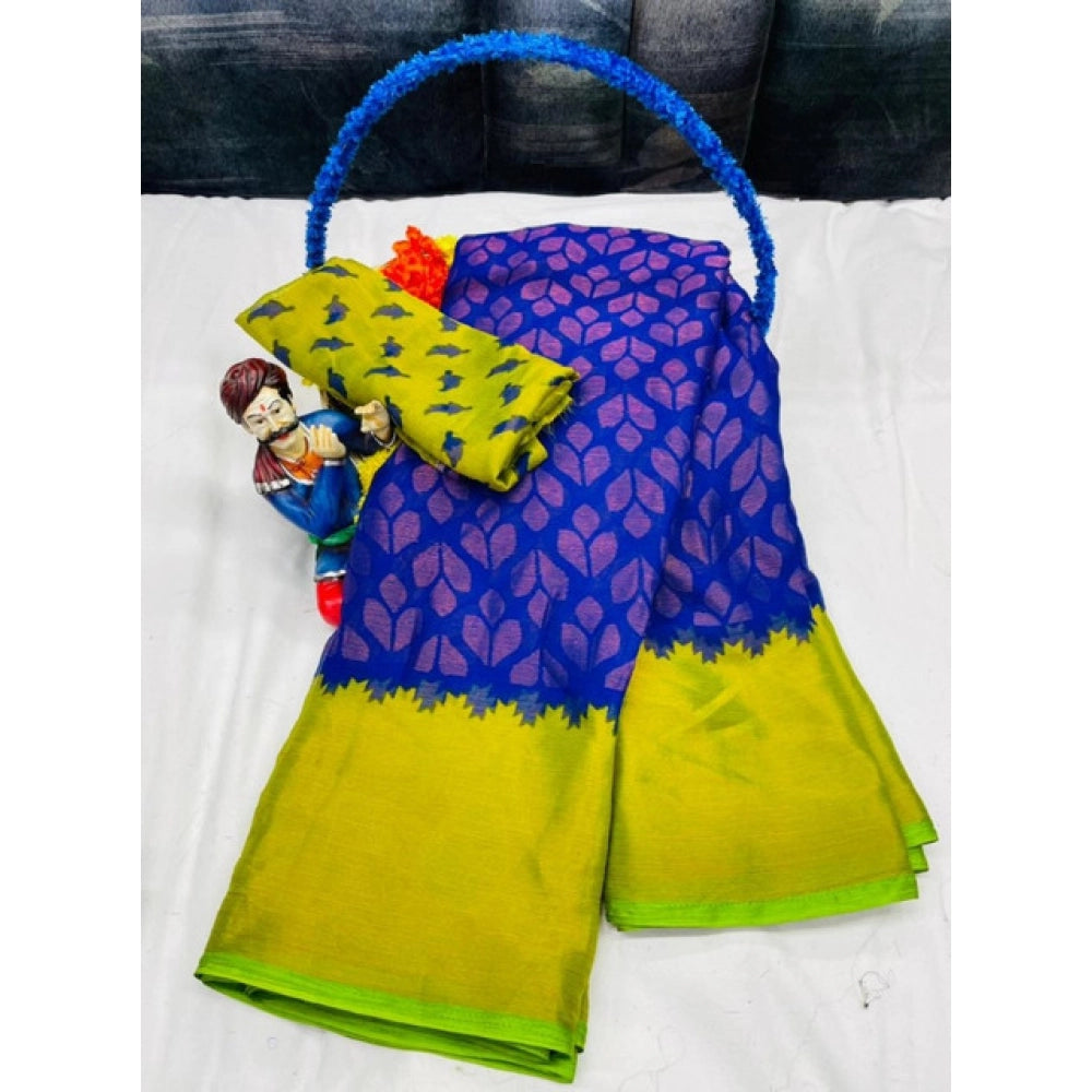 Women's Brasso Printed Saree With Unstitched Blouse 5.5Mtr (Blue)