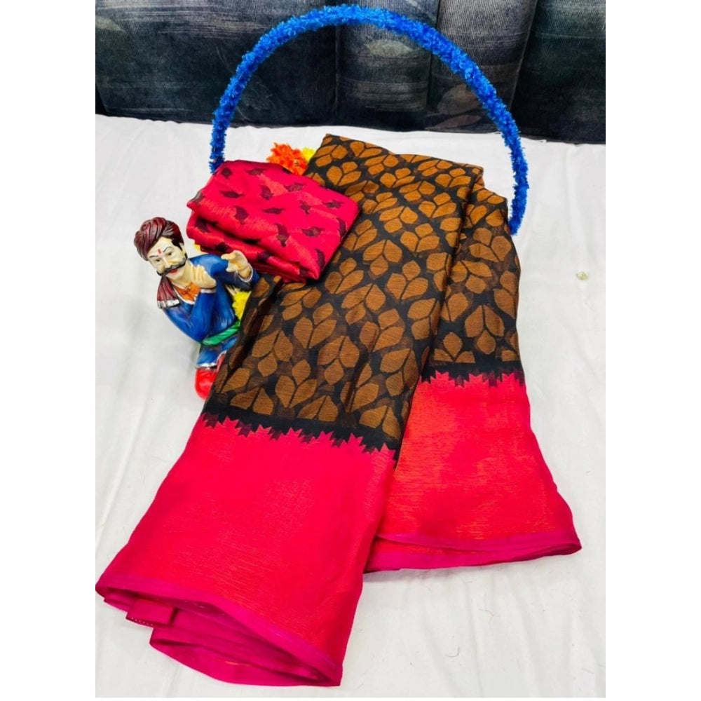 Women's Brasso Printed Saree With Unstitched Blouse 5.5Mtr (Black)