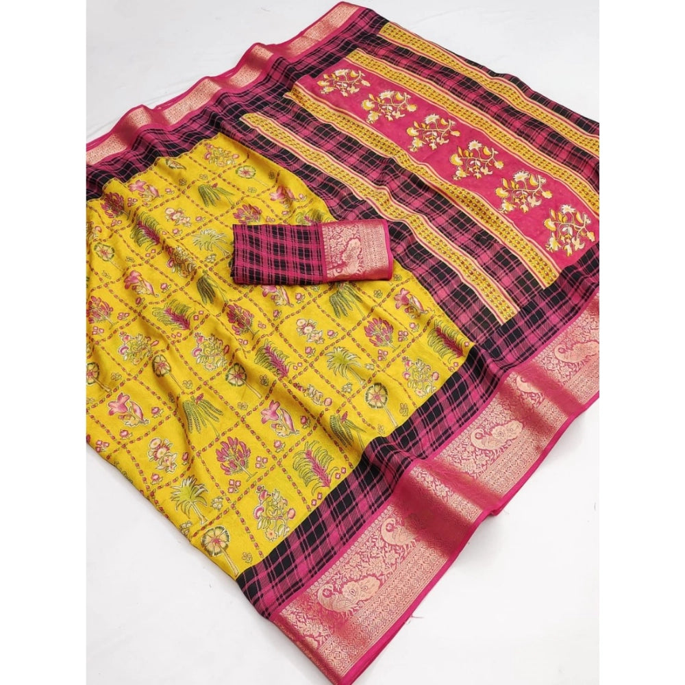 Women's Dola Silk Printed Saree With Unstitched Blouse 5.5Mtr (Yellow)