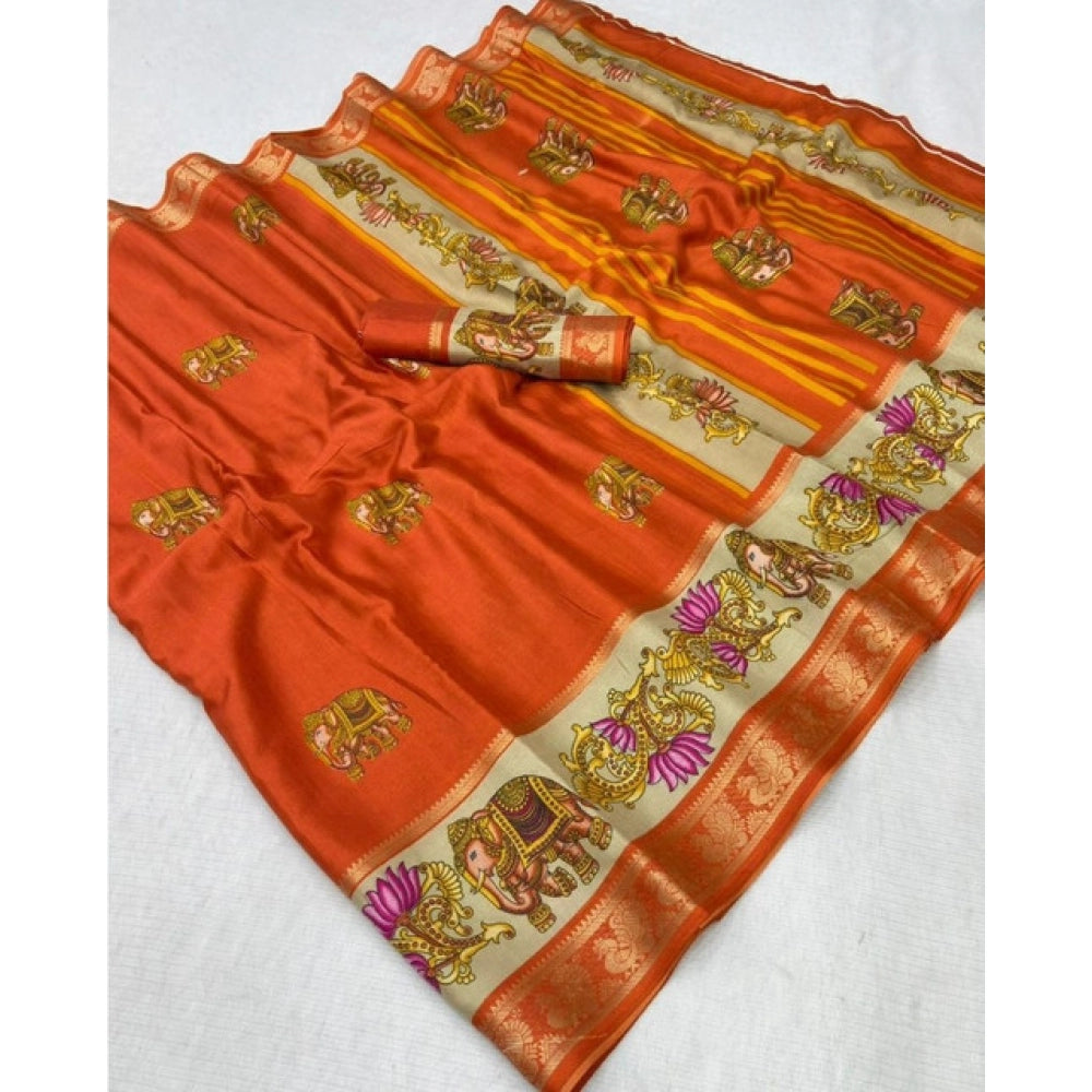 Women's Dola Silk Printed Saree With Unstitched Blouse 5.5Mtr (Orange)