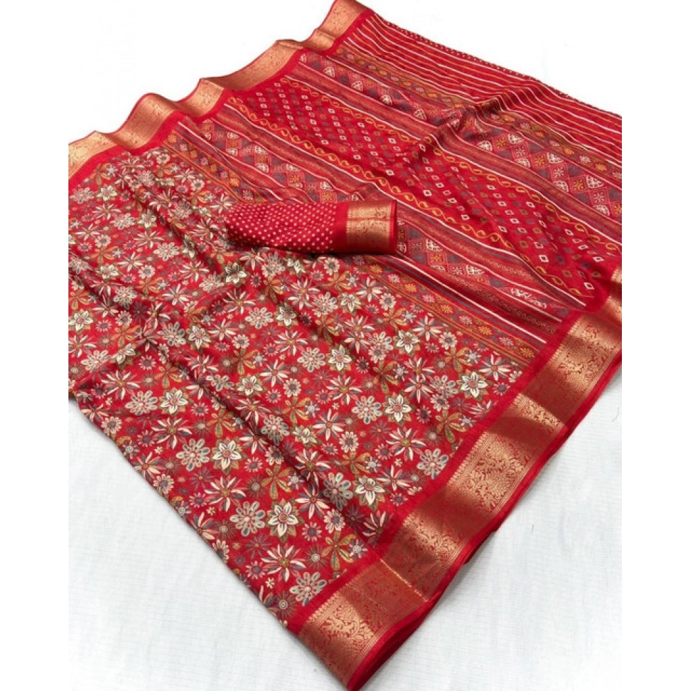 Women's Dola Silk Floral Printed Saree With Unstitched Blouse 5.5Mtr (Red)
