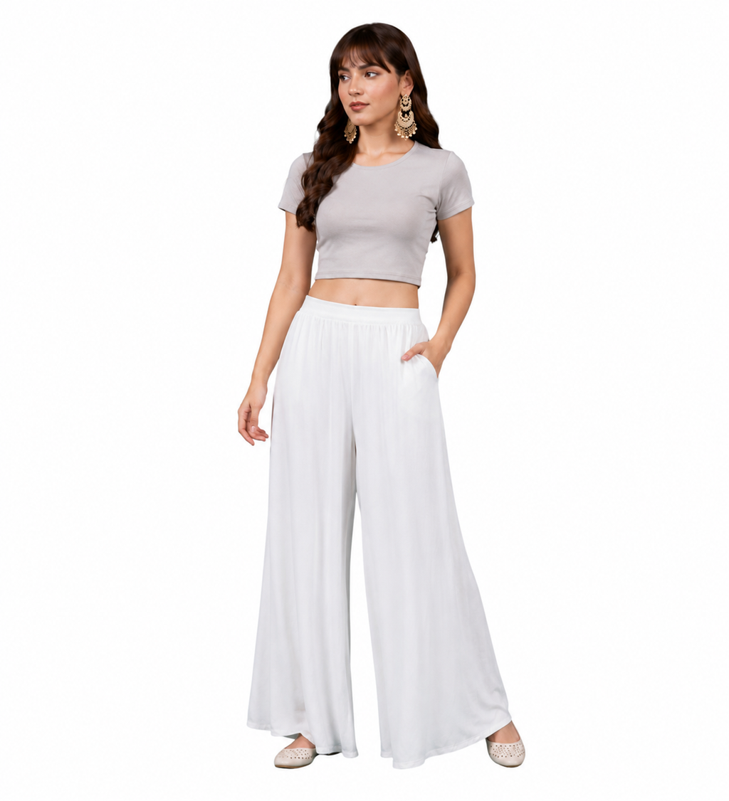 Women's Georgette Solid Mid-Rise Wide Leg Flared Palazzo with Elastic Waist (White)