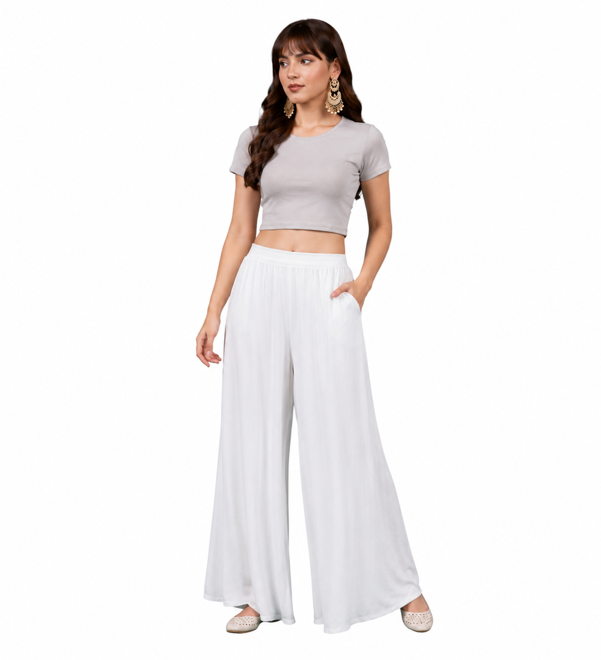 Women's Georgette Solid Mid-Rise Wide Leg Flared Palazzo with Elastic Waist (White)