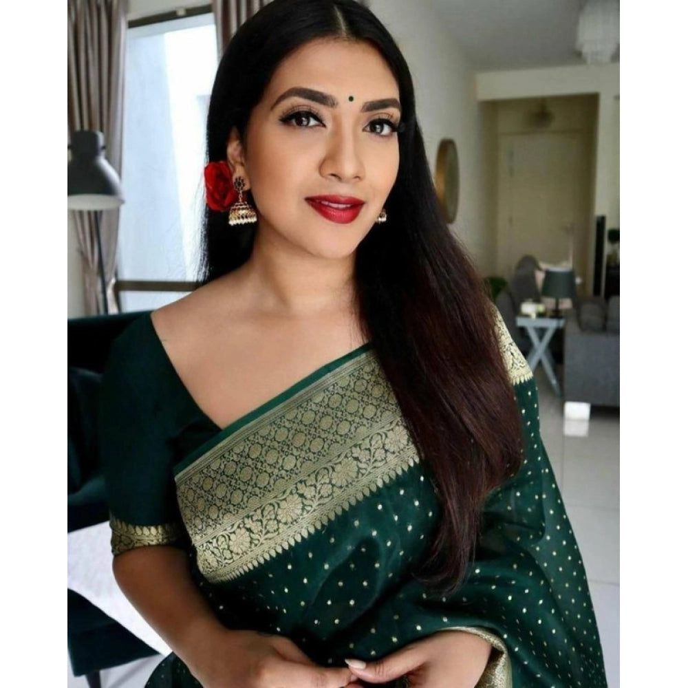 Women's Litchi silk Printed Saree With Unstitched Blouse (Green)