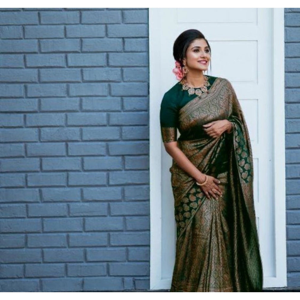 Women's Litchi silk Printed Saree With Unstitched Blouse (Green)