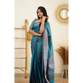 Women's Litchi silk Printed Saree With Unstitched Blouse (Rama Blue)