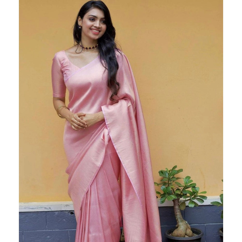 Women's Litchi silk Printed Saree With Unstitched Blouse (Light Pink)
