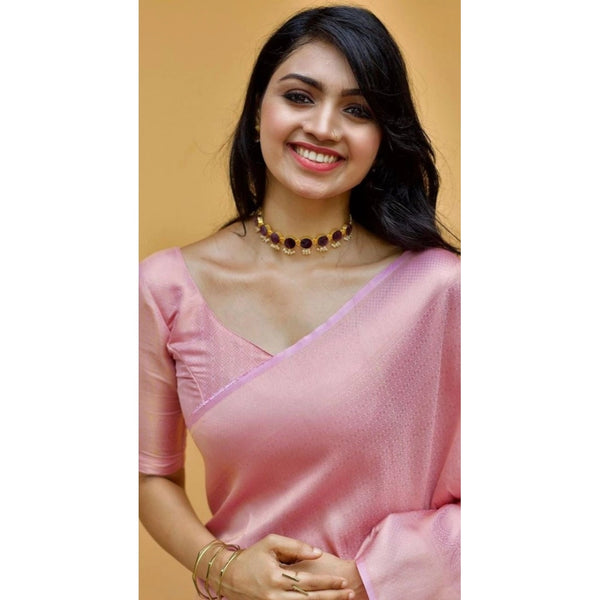 Women's Litchi silk Printed Saree With Unstitched Blouse (Light Pink)