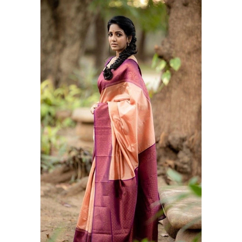 Women's Litchi silk Printed Saree With Unstitched Blouse (Beige)