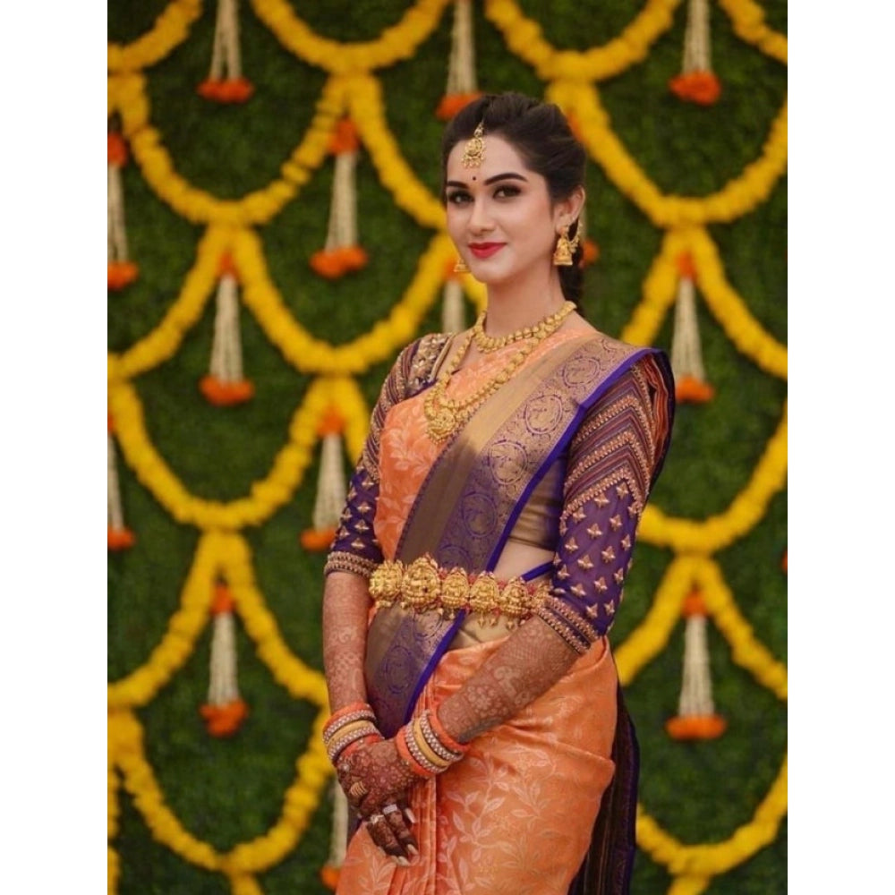 Women's Litchi silk Printed Saree With Unstitched Blouse (Orange)