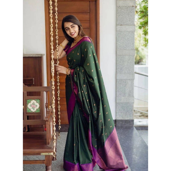 Women's Litchi silk Printed Saree With Unstitched Blouse (Dark Green)