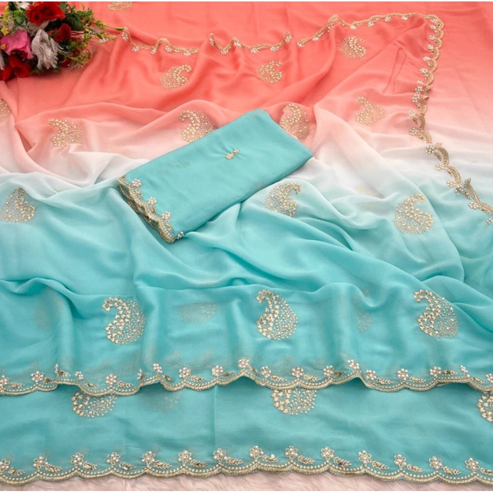 Women's Digital Printed   Geogette Saree With Unstitched Blouse (Blue, 5-6 Mtrs)