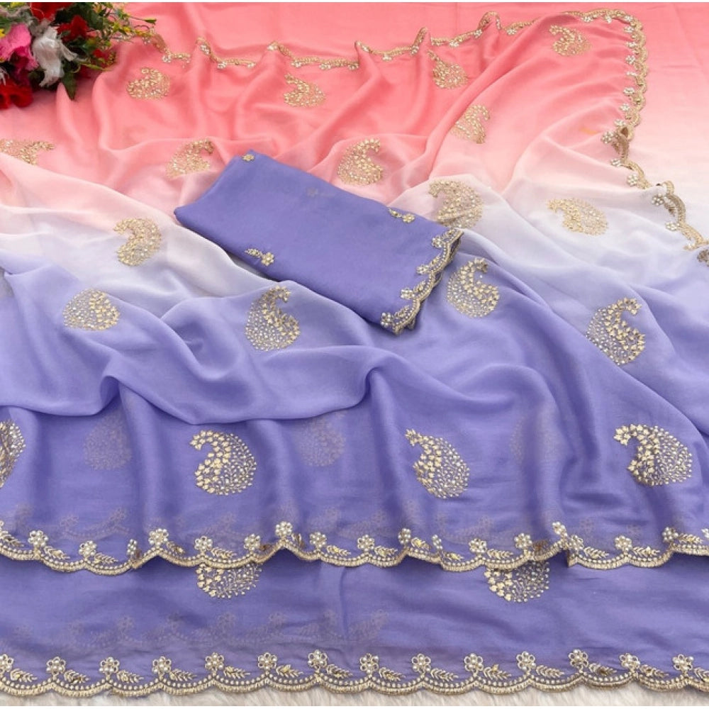 Women's Digital Printed   Geogette Saree With Unstitched Blouse (Purple, 5-6 Mtrs)
