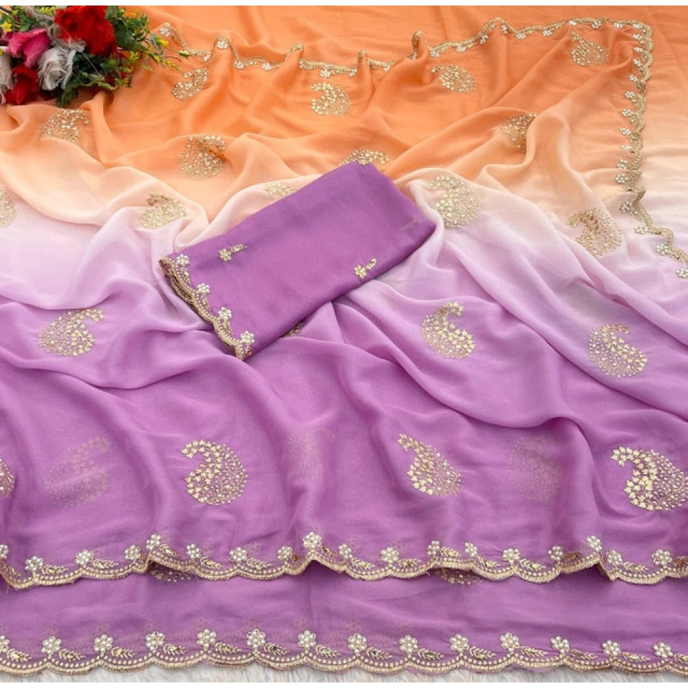 Women's Digital Printed   Geogette Saree With Unstitched Blouse (Wine, 5-6 Mtrs)