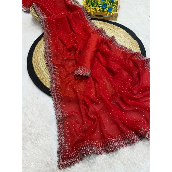Women's Georgette Stone Work Saree With Unstitched Blouse 5.5Mtr (Red)