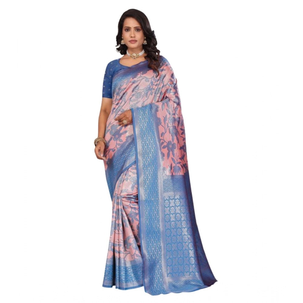 Women's Banarasi Silk Jaquard Woven Saree With Unstitched Blouse 5.5Mtr (Pink)
