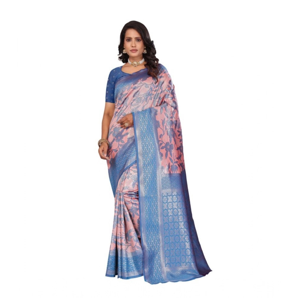 Women's Banarasi Silk Jaquard Woven Saree With Unstitched Blouse 5.5Mtr (Pink)