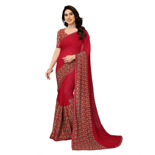 Women's Georgette Printed Saree With Unstitched Blouse 5.5Mtr (Red)
