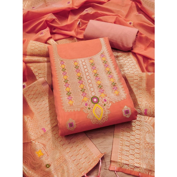 Women's Banarasi Silk Printed Unstitched Salwar Suit Material With Dupatta (Peach, 3Mtrs)